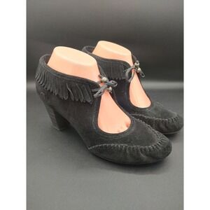 Born Black Suede Fringe Moccasin Booties Womens 8.5 W32013 Keyhole Block Heel